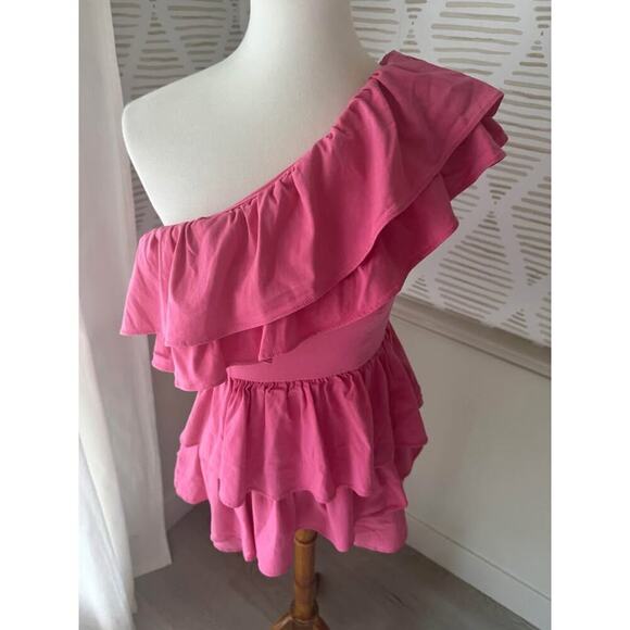DO+Be Women’s Medium Pink Ruffle Frill One Shoulder Romper - Picture 3 of 7